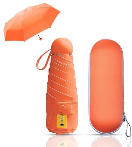 Coztie Kompakter Regenschirm, 6 Rippen Taschenschirm mit Kapsel Fall, Mini Reise Regenschirm Falten Reise für Männer Und Frauen (Orange)