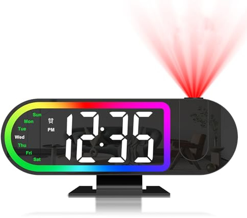 Ankilo Projection Alarm Clock for Bedrooms, 8.5 Large Digital Clock | Plug In Alarm Clock with Week/Time, 180° Projector, 3-Level Dimmer , 17 RGB Night Light, Snooze, Projector on Ceiling Wall