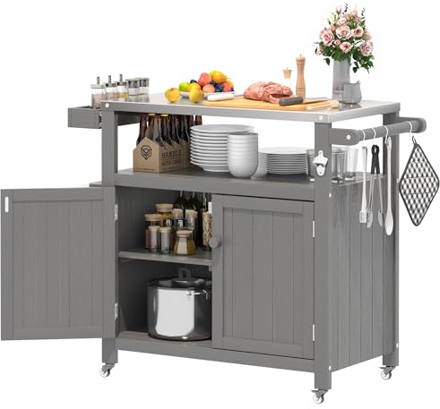 TinFrey Isla de Cocina con Ruedas, Carrito de Cocina de Madera con encimera, Armario de Cocina, Carrito de Servicio Exterior Barbacoa para Exteriores para preparación de Alimentos, parrilladas, Bar