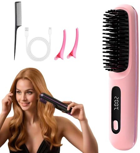 Brosse Lissante Portable Sans Fil, 2026 Nouveau Peigne Chauffant avec 3 Températures, Brosse Chauffante Cheveux Court, Mini Lisseur 20s Chauffage Rapide, Fer a Lisser Avec éCran LED (Rose)