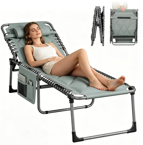 Askelierg Sonnenliege Klappbar 5-Fach Verstellbar, Strandliege Klappbar mit Seitentasche & Abnehmbarem Kopfteil, Campingliege Gartenliege Klappbar Liegestuhl für Balkon Pool Strand, Bis 150kg