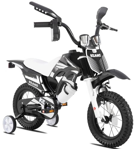 KEANO Motocross Style 12 Zoll Kinderfahrrad für Jungen und Mädchen im Alter von 2 bis 4 Jahren, 12 Zoll Fahrrad mit Stützrädern und Nummernschild, schwarz