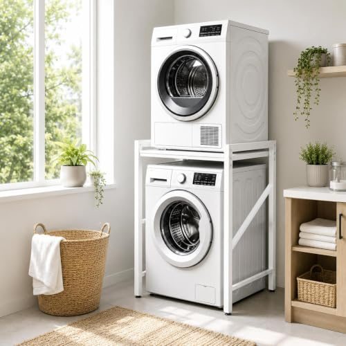 2 Ebenen Waschmaschine trockner schrank höhenverstellbar (90 cm/95 cm/100 cm) -Waschmaschine und trockner übereinander tragfähigkeit 300 kg,Waschturm geeignet für Badezimmer und Waschküchen,Weiß