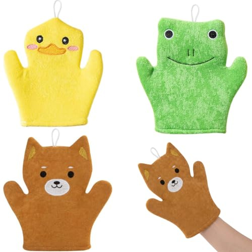 XENQITO 3 Stück Baby Badehandschuhe Waschlappen, Sanftes Baumwolltuch für Kinder, Kinderwaschlappen, Niedliches Tierdesign aus Mikrofaser, Waschhandschuh Baby,Weiche Waschlappen für Mädchen und Jungen