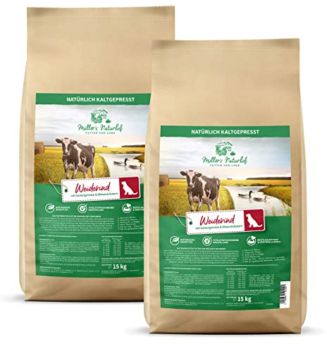 Müllers Naturhof - Weiderind - 2 x 15 kg - Gartengemüse & Wiesenkräuter - Natürlich kaltgepresst - Trockenfutter für alle Hunderassen - Traditionell hergestellt