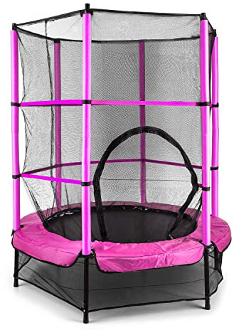 Klarfit Rocketkid - Trampoline , adapté au Jardin , pour Les Enfants de Plus de 3 Ans , Surface de Saut de 140cm , Filet de sécurité , Cordes , Charge maximale 50 kg , Rebord rembouré , Rose