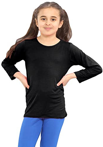 janisramone® Kids T Shirts - Casual Boys Long Sleeve T Shirt - Round Neck Girls School Shirts, Stretchy Comfortable Boys Girls Long Sleeve Top Black