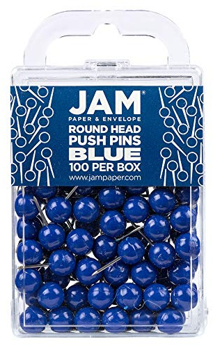 JAM PAPER Colourful Push Pins - Round Head Map Thumb Tacks - Blue Pushpins - 100/Pack