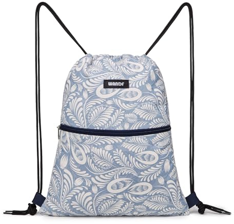 WANDF Rucksack mit Kordelzug Turnbeutel Sportbeutel Gym Bag Mit Aussentasche Verstellbar Tunnelzug Gymsack für Damen Herren Kinder mit Innentasche 11 Liter für Sport und Reisen (C - Blaues Blatt)
