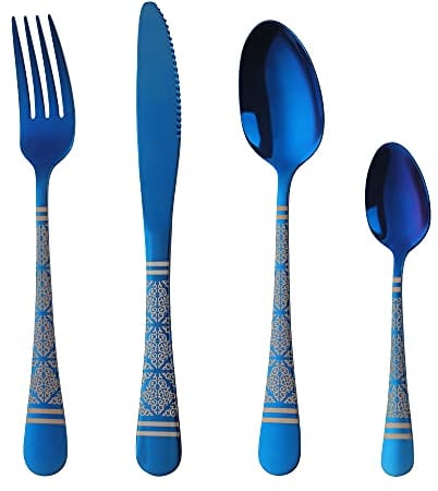 Cutlery Set, Buyer Star 16-Piece Stainless Steel Flatware Set, Laser Flower Pattern Tableware Silverware Set with Spoon Knife and Fork Set, Service for 4, Dishwasher Safe (Blue)