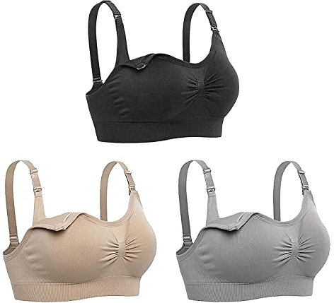 KLKIT 3 Pack Women’s Nursing Bra, Seamless Maternity Bra, Breastfeeding Bras with Removable Spill Prevention Bra Pads Black, Gray,beige