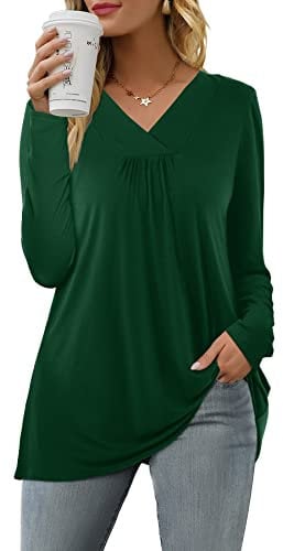 Florboom Womens Tops Long Sleeves Shirts Pleated Longline T-shirt Dark Green 14 16