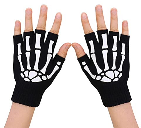 Bozaap Unisex Skeleton Handschuhe,Leuchtende Skeleton Half Finger Gloves,Glow in The Dark Fingerlose Handschuhe Gestrickte Winterfäustlinge Herren Damen