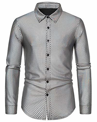 MakingDa Herrenhemd, Rautenmuster, Bronzing-Druck, langärmelig, Button-Down-Shirt, 70er-Jahre, Disco-Party, Kostüm, silber, L