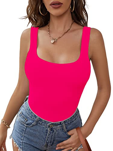 Abardsion Women's Sexy Sleeveless Strappy Square Neck Double Layer Basic Bodysuit Tank Tops (Neon Pink, S)