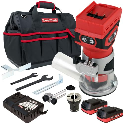Excel 18V Router Trimmer with 2 x 2.0Ah Battery Charger & Bag - Chuck Capacity 6mm - Speed 12000-30000 RPM - Brushes Motor - Shaft Lock - Dust Nozzle