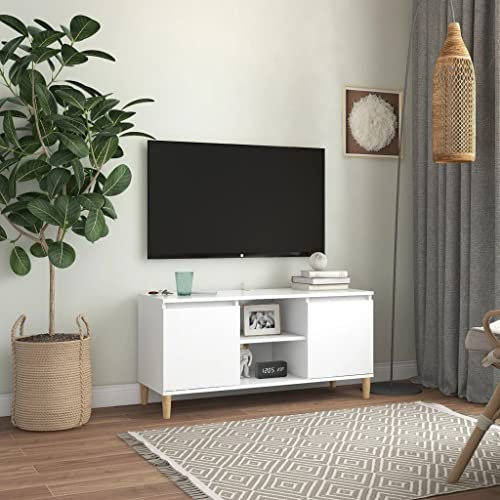 Eckschrank für Fernseher, TV-Schrank mit Beinen aus massivem Holz, Weiß, 103,5 x 35 x 50 cm, stabil + robust, funktionaler Stauraum