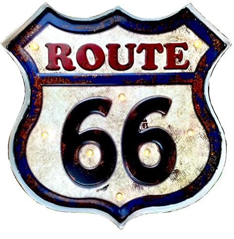 DiiliHiiri Route 66 Affiche Vintage - Route 66 Panneau Lumineux Métallique LED Décoration Maison Rétro Murale | 42 x 42 x 5 cm