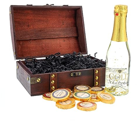Bull & Bear Geschenk Mini-Truhe Gold-Schätzchen, Truhe mit 0,2l Sekt mit echtem Blattgold 22 Karat und 12 hochwertigen Golddublonen aus Schokolade als Geschenk