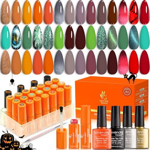 Lavender Violets 25 Pcs Gel Nail Polish Blooming Gel/Base/Glossy/Matte Top Coat Dotting Drawing Nail Brush Manicure Spring Orange Green Colour Changing Cat Eye Effect Magnets UV LED Varnish C404