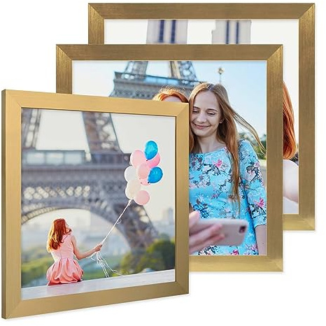 PHOTOLINI Bilderrahmen 30x30 cm Gold MDF-Holz, breite Rahmen, 3er Set, modern, bruchsicheres Acrylglas, zum Aufhängen, extra Zubehör - für Ihre stilvolle Wanddekoration