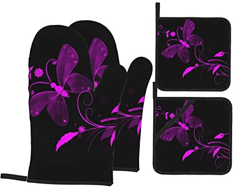 Nizza Schmetterling bedruckte Ofenhandschuhe und Topflappen Küche Ofenhandschuh 4 Stück Set rutschfeste Kochhandschuhe zum Kochen Backen BBQ