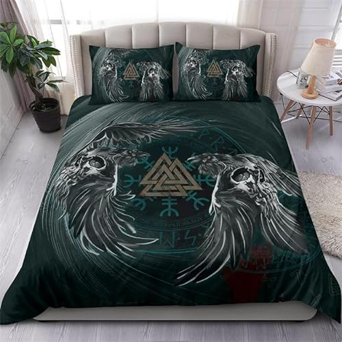 Odin Krähe Bettwäsche 135x200cm Wikinger Mythos Odin Krähe Kompass Kinder Bettbezug Set 3 Teilig Microfaser 3D Motiv Luxus Modern Bettdeckenbezug Mit Reißverschluss und 2 Kissenbezüge 80x80cm