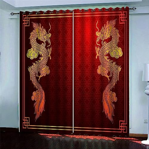 Gardine Roter Chinesischer Drache Vorhänge Wohnzimmer Vorhang Kinderzimmer,3D Curtains, Fenster Für Küche Schlafzimmer Wohnzimmer, 2Er Set/Uv-Schutz/Schalldämmung 140 X 160 cm -6D9M+M3Z