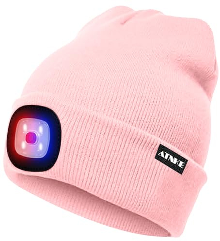 ATNKE LED Beleuchtete Mütze,Wiederaufladbare USB 4 LED Rot und Blau Leuchten Blinkender Laufmütze mit Licht Extrem Heller Lampe Winter Warme für Herren und Damen Geschenke/Light Pink