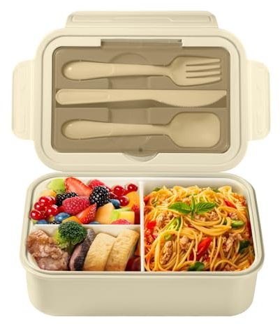 Diboniur Fiambrera, 1400ml Bento Box con 3 Compartimentos y Cubiertos, Infantil Adulto Lunch Box Fiambrera Hermetica Comida Trabajo Escuela Picnic Microondas (Caqui)