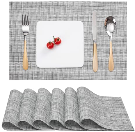 Myir JUN Salvamanteles Individuales Juego de 6, Lavables Manteles Individuales Plásticos de Vinil de Esteras, Resistentes al Calor Antideslizante Fácil de Limpiar y Impermeable 30x43.5cm(Gris Claro)