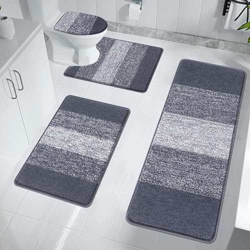 Enyhom 4 Pieces Bathroom Toilet Mats Extra Soft Non Slip Toilet Lid Cover and Rug Set Water Absorbent Bath Mats for Bathroom,Dark Grey