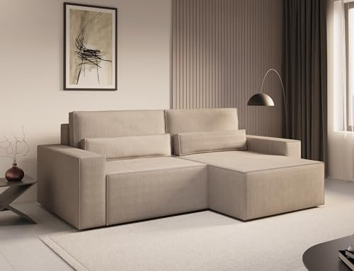 MOEBLO Ecksofa Denver Mini – Ecksofa aus Cord, Schlafsofa Sofagarnitur Sofa Eckcouch L-Form Cordstoff mit Bettkasten und Schlaffunktion, Ottomane beidseitig montierbar (Dunkelbeige)