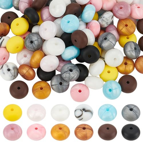 WADORN 120Pcs Flat Round Silicone Abacus Beads, 12 Colors 14mm Silicone Beads Chunky Beads Mixed Color Saucer Beads with Hole Silicone Spacer Beads for Keychain Making Jewelry Making Accessory