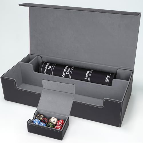 AFIING Mtg Deck Box Holds 5 Display Card Deck Boxes with Mtg Playmat & Dice Box,10 Dividers,1Card supporter, Trading Card Storage Box for Magic Yugioh Sports Cards (Black &Grey)