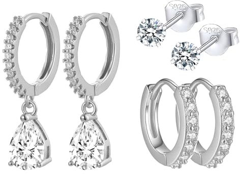 HinDaLi 3 Paires Boucles d'oreilles Argent 925 pour Femme Homme Boucles d oreilles Pendantes Argent Diamant Clous d'oreilles Femme Boucles d'oreilles Créoles Fille Boucles d'oreilles Femme Anneaux