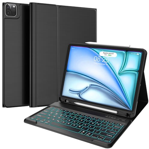 FOGARI iPad Air 13 (M2) 2024 Keyboard Case | iPad 12.9 Keyboard Case (3/4/5/6th Gen.) - Smart Folio PU Case with Pencil Holder - 7 Color Backlit Detachable Keyboard - Black