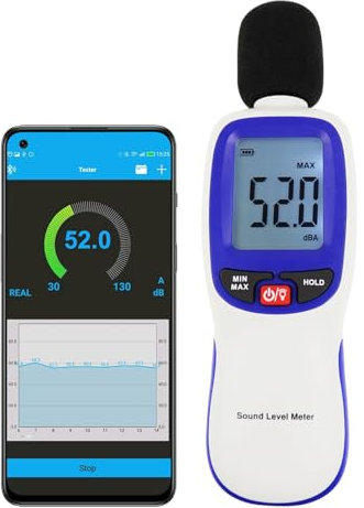 Fonometro Digitale Portatile con Bluetooth, Intervallo SPL 30~130dBA, Funzione di Mantenimento Dati MAX/MIN con Display LCD Retroilluminato per Casa, Scuola e Luogo di Lavoro