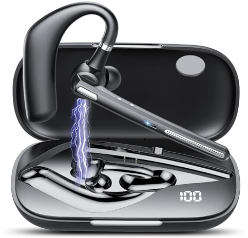 Manos Libres Auricular Bluetooth V5.3 con Doble Micrófono Cancelación, 60hrs Talk Auriculares Inalambricos Bluetooth con Conexión para Dos Dispositivos, Pantalla LED, IPX7, para Conducir/Negocios