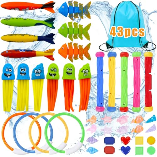 NINGESHOP 43 PCS Jouets de Plongée, Jouet de Natation pour Piscine, Jeux Piscine Enfant, Ensemble Jouets de Plongée pour Enfants, Jouet sous Eau été Jeux pour Enfant