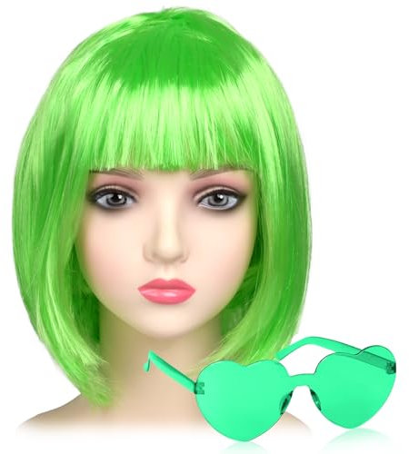 iZoeL Bob Perücke Kurze Bob Wig Damen Grün Haar Perücken Gerade mit Flach Pony 80er 70er Jahre Perücke Brille Karneval Fasching Cosplay Perücke