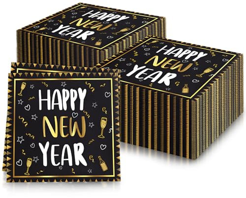 20pcs Happy New Year Party Napkins,2-Ply, Recycled,13 x 13, Soft Recycled Paper Napkins,Gold Black New Year Paper Napkins Tissue for New Years Eve Decorations Supplies