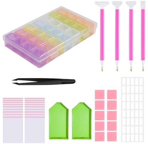 UESDU Diamond Painting Accessories, DIY 5D Diamond Art Kit with 28 Grids Diamond Art Storage Point Drill Pens, Trays, Spoon, Labels, Tweezers