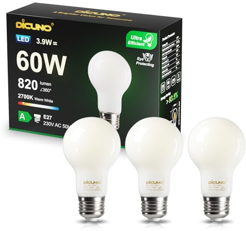 DiCUNO Ultraeffiziente E27 LED Lampe, Ersetzt 60W, Warmweiß 2700K, 3er Pack | Matte Energieklasse A E27 LED, 820lm, nicht dimmbar, Blendfrei, Flackerfrei, ideal für Pendel-, Tisch-, Steh-, Wandleuchten