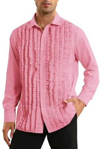 Runcati Herren Mittelalter Hemd Regular Fit Langarm Freizeithemd Viktorian Renaissance Piraten Hemd Männer Cosplay Kostüm Rosa L