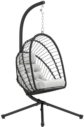Outsunny Outdoor PE Rattan Swing Chair with Foldable Basket and Cushion, Garden Patio Hanging Egg Chair with Metal Stand, Headrest for Indoor and Outdoor, Black