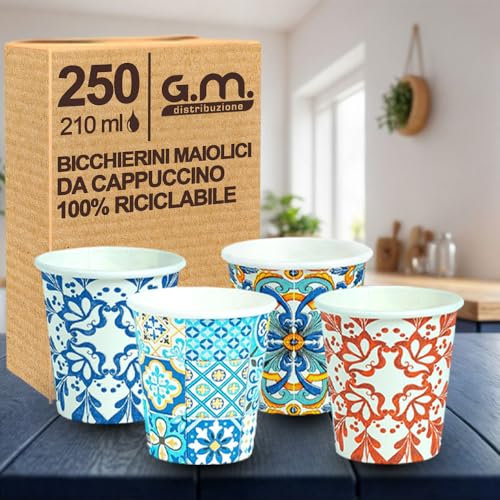 250 Pezzi Bicchieri da Cappuccino in Carta con Grafiche Maioliche, 210 ml, Biodegradabili Biocompostabili, Usa e Getta, 4 Colorazioni, Ideale per Casa, Ufficio, Asporto Bevande Calde