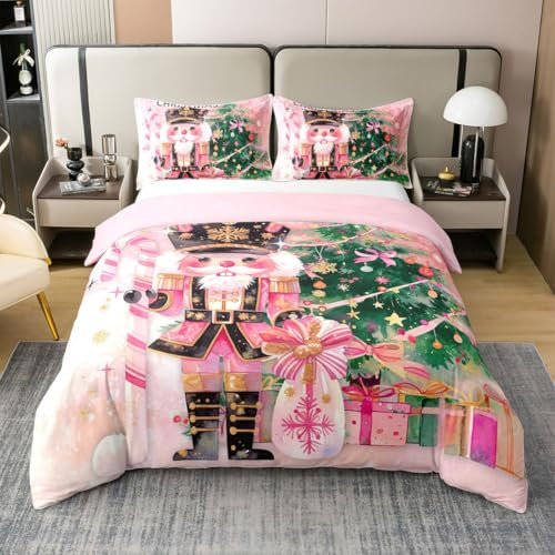 Loussiesd Merry Christmas Bedding Set Double Size Pink Christmas Nutcracker Bedding 100% Cotton Duvet Cover Set Merry Christmas Tree Comforter Cover Set Xmas Bedspread Cover 3Pcs