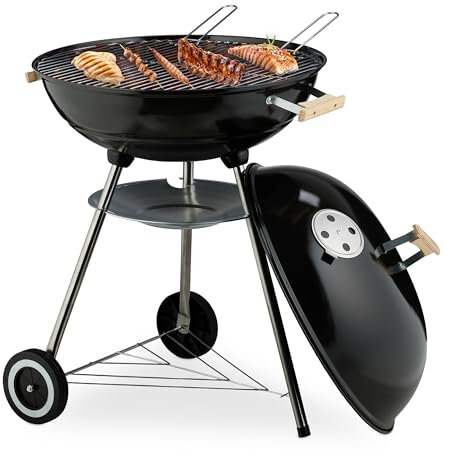 Relaxdays Barbacoa Carbón, 54 cm Ø, BBQ Exterior, Parrilla para Brasas con Ruedas y Soporte, Recoge Cenizas, Negro, Plástico, Acero Inoxidable, XL