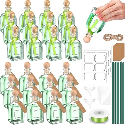 Baderke 24pcs Patron Shot Bottles Empty for Drinks Mini Tequila Shot Bottles Patron with Cork Lids Green Ribbon Reusable Glass Bottle for Weddings Birthday Party Favors DIY Crafts (Square Bottle)